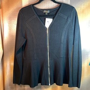 Black Thalia Sodi cardigan with gold zipper and peplum waist. 38” chest. 123 NWT